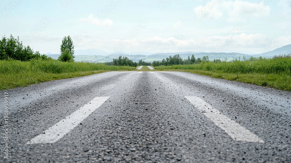 Empty country road stretching into the horizon with grassy fields and cloudy sky in the background. Empty country road stretching into the horizon with grassy fields and cloudy sky in the background.