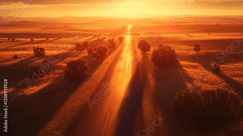 Sunlit road with long shadows in desert landscape, warm late afternoon light, rich orange and red hues, and endless open view, birdâ€™s-eye perspective.