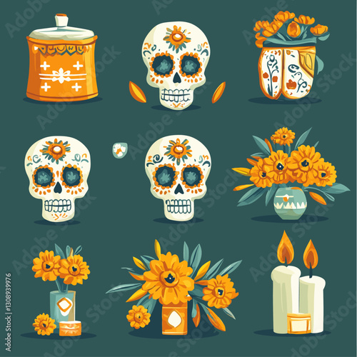 Day of the Dead sugar skulls marigolds candles and pottery still life