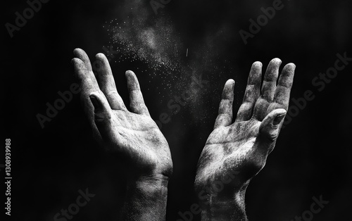 A person is deeply praying with their hands outstretched in the dark