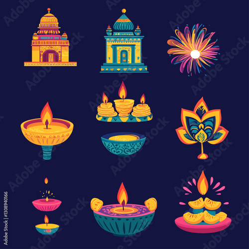 Diwali Festival: Colorful Temple, Fireworks, Candles, and Decorations