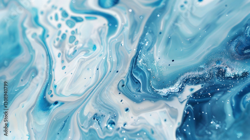Abstract white and blue liquid painting on canvas wall art, showcasing fluid artistic swirls and a contemporary design.