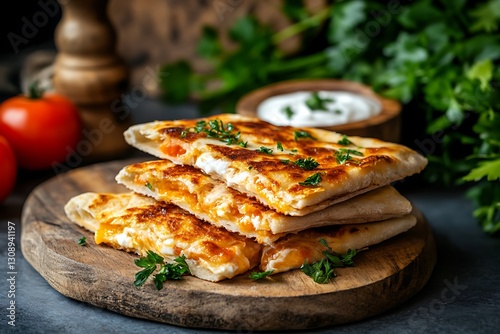 Crispy Stuffed Flatbread with Cheese, Tomatoes, and Fresh Herbs on Wooden Board photo