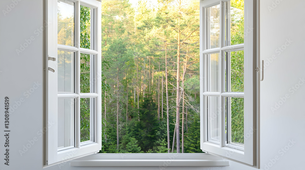 Open White Window Framing Green Forest View with Bright Daylight Open White Window Framing Green Forest View with Bright Daylight