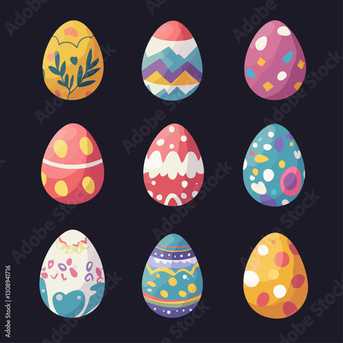 Collection of Colorful Decorated Easter Eggs on Dark Background