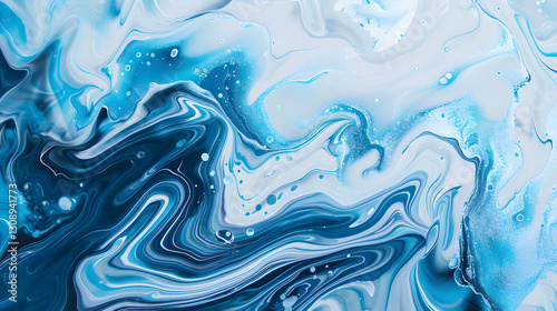 Abstract white and blue liquid painting on canvas wall art, showcasing fluid artistic swirls and a contemporary design.