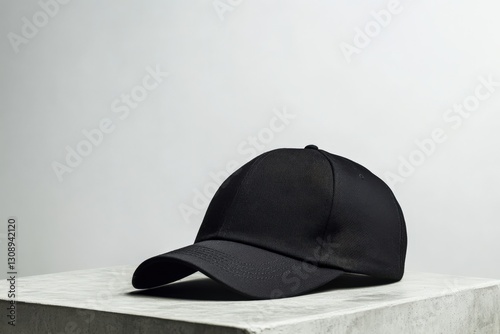 A black baseball cap is positioned on top of a smooth marble block