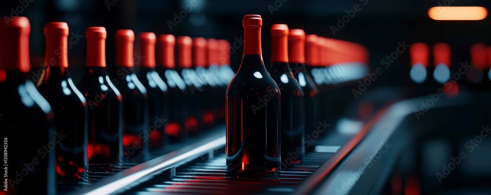 Fototapeta premium Streamlined Bottling Line Flowing with Dark Red Liquid Wine on an Automated Manufacturing Conveyor