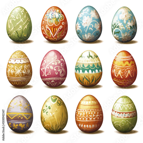 Watercolor Easter Eggs with Floral and Geometric Decorative Patterns