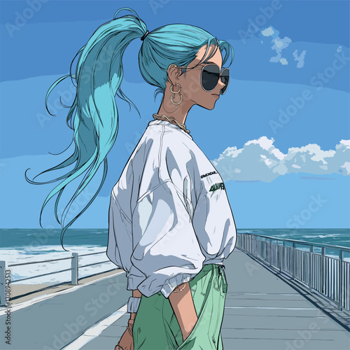 woman, long blue hair in a ponytail, sunglasses, streetwear, white and green, faint smile, walking on a boardwalk next to the ocean, blue sky


