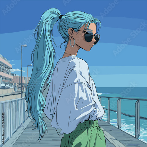 woman, long blue hair in a ponytail, sunglasses, streetwear, white and green, faint smile, walking on a boardwalk next to the ocean, blue sky

