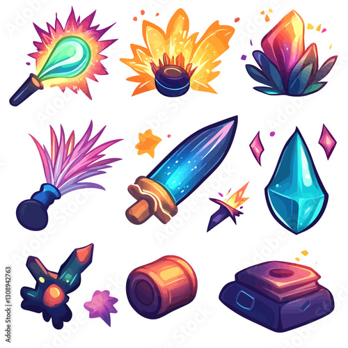 Fantasy game assets with magic weapons, crystals and powerups vector