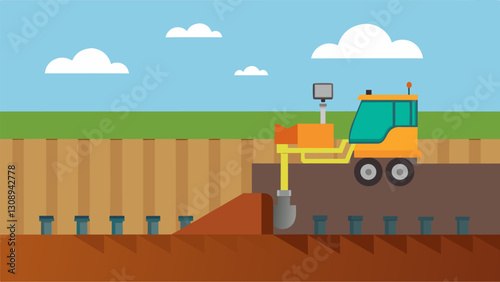 Use of compacting equipment to ensure the soil behind and around the retaining wall is tightly packed for maximum support.. Vector illustration
