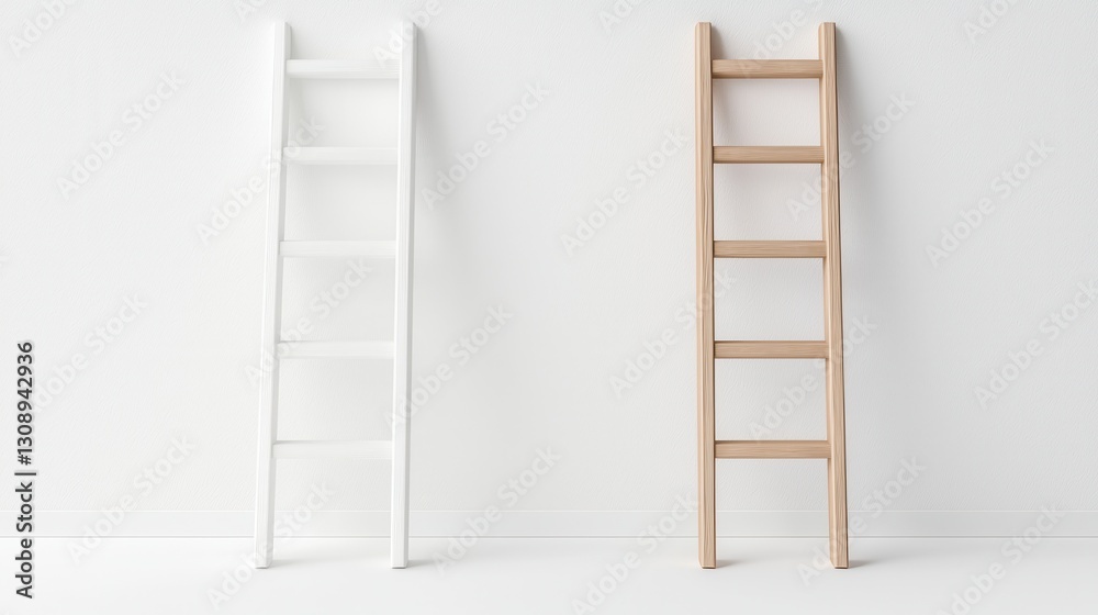 Minimalist design with two ladders against a white wall, perfect for modern home decor and interior inspiration. Minimalist design with two ladders against a white wall, perfect for modern home decor and interior inspiration.