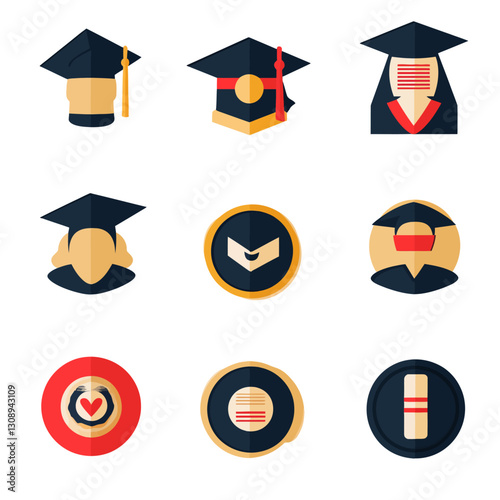 Graduation Elements: Academic Caps, Diploma and Achievement Emblems Design