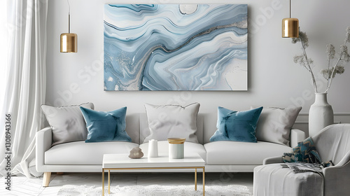 Abstract white and blue marble painting on canvas wall art, featuring elegant fluid patterns with a modern and decorative style.
