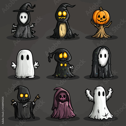 Cartoon Halloween Characters: Ghosts, Pumpkins, and Spooky Creatures on Gray