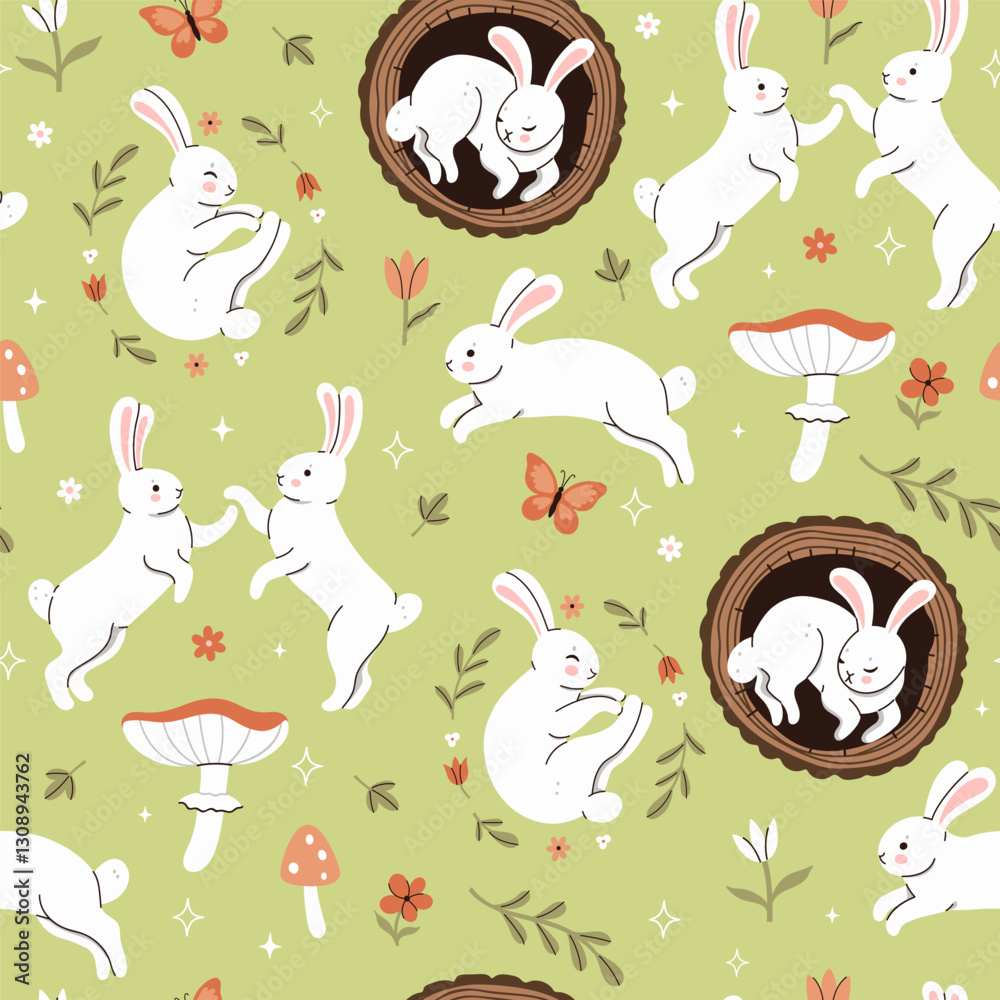 Fototapeta premium Seamless pattern with cute forest white rabbits. Vector graphics.