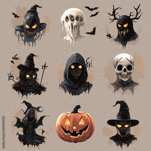 Halloween Spooky Ghostly Monster Collection: Witches, Skeletons, Pumpkins