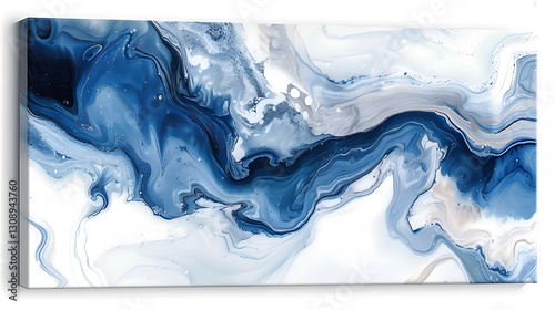 Abstract white and blue marble painting on canvas wall art, featuring elegant fluid patterns with a modern and decorative style.