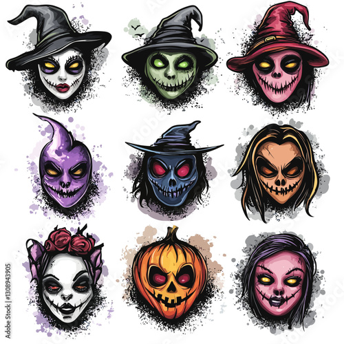 Spooky Halloween Witch Face Set: Eerie Masks, Pumpkin, Fantasy Design