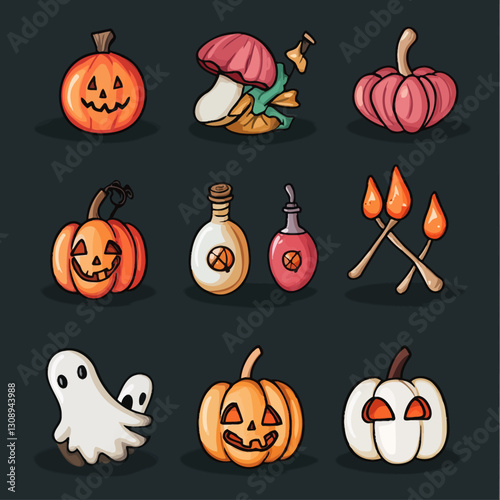 Halloween Cartoon Set with Ghost, Pumpkins, Mushroom and Match Illustration