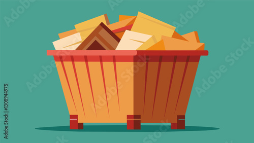 A giant bin filled with reclaimed lumber beams once used in an old barn now ready to be transformed into new furniture pieces.. Vector illustration