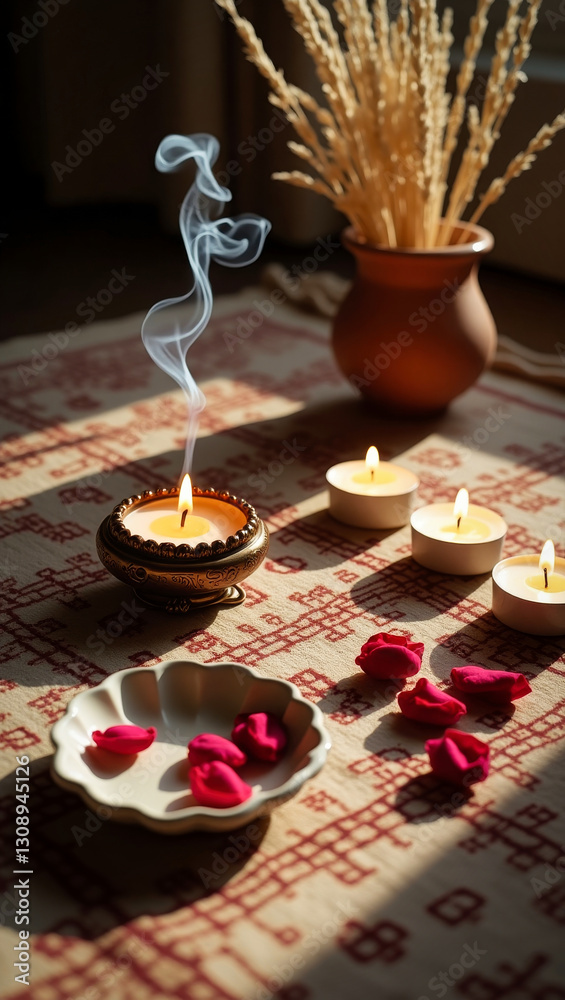 Fototapeta premium A cozy, bohemian setting with a traditional rug, candles and dried petals. Meditative, relaxing environment concept.