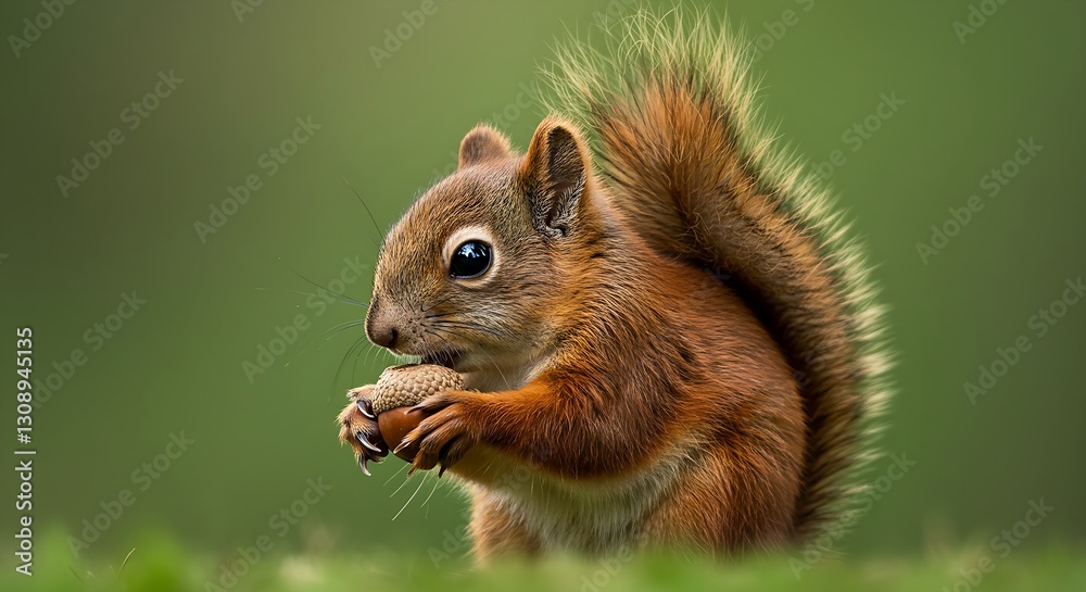 A cute squirrel holding an acorn with a big fluffy tail curled up A cute squirrel holding an acorn with a big fluffy tail curled up