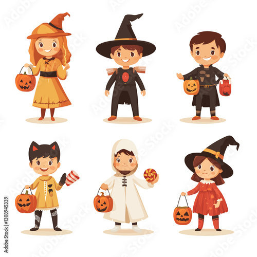 Six Diverse Children in Halloween Costumes with Pumpkin Treat Buckets