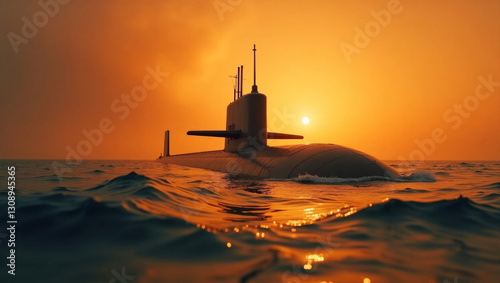 A nuclear submarine partially submerged in the ocean, silhouetted against sunset photo