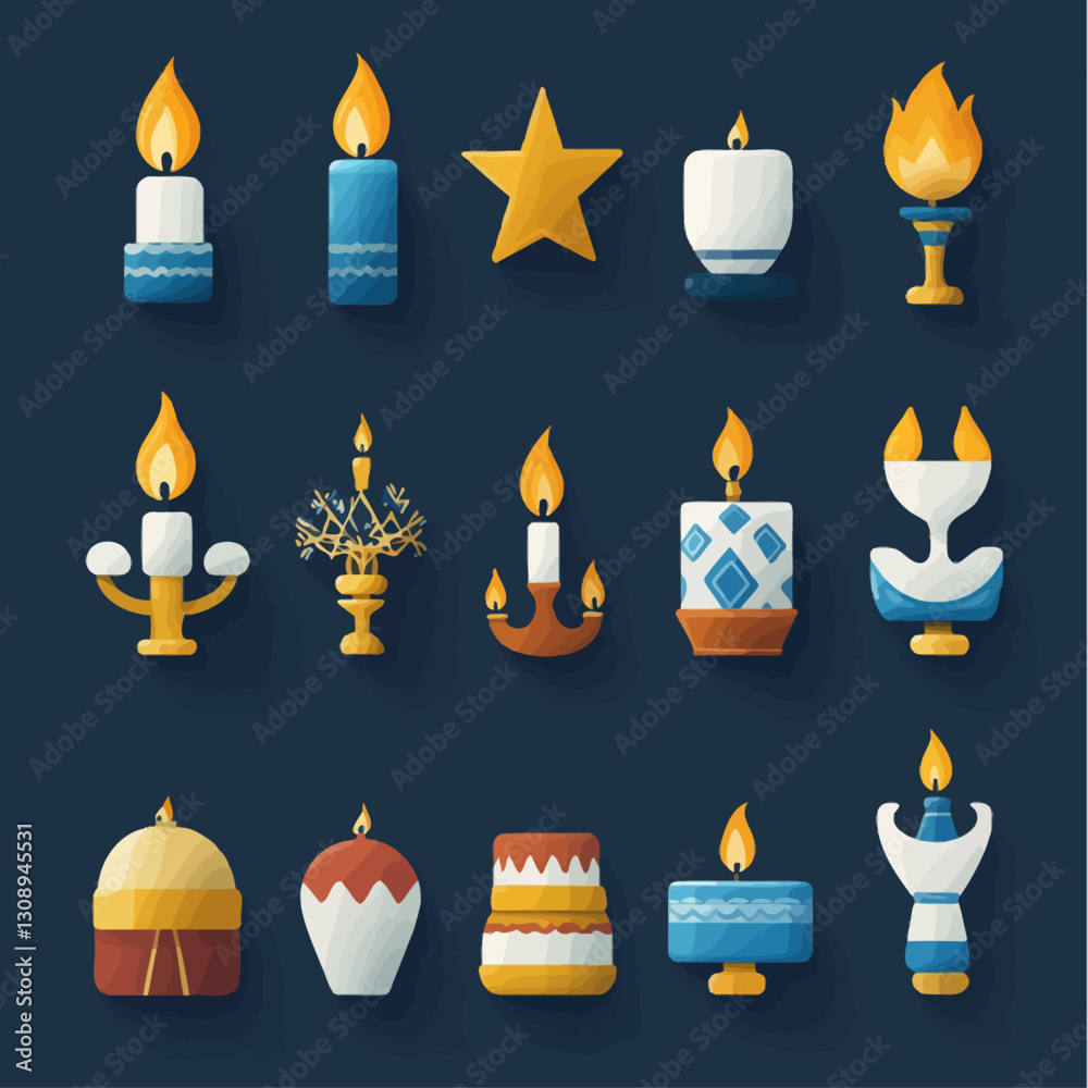 Decorative Vector Candle Set with Warm Flames on a Dark Background Decorative Vector Candle Set with Warm Flames on a Dark Background