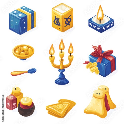 Hanukkah Celebration: Isometric Candles, Dreidels, Gifts, and Treats