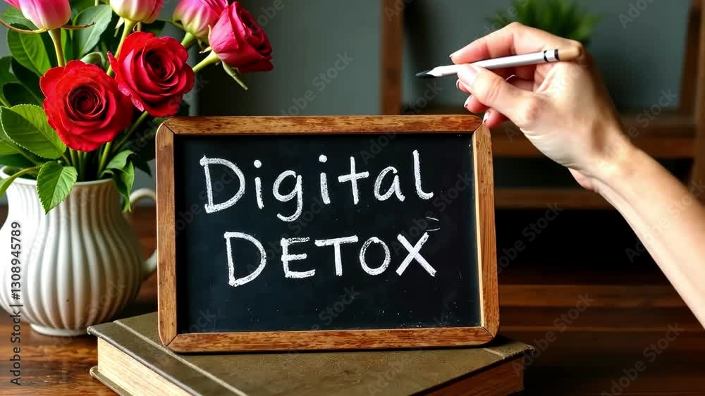 Hand writing a message about digital detox on a chalkboard near a vase of fresh flowers 
