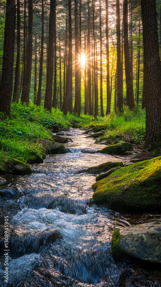 Obraz premium A picturesque creek in the forest flowing among trees