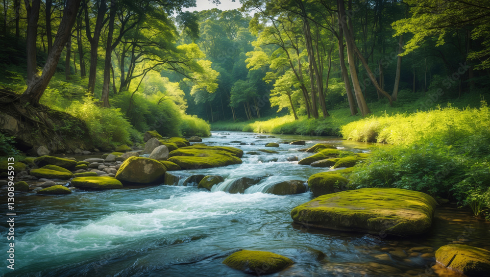 Obraz premium A picturesque creek in the forest flowing among trees