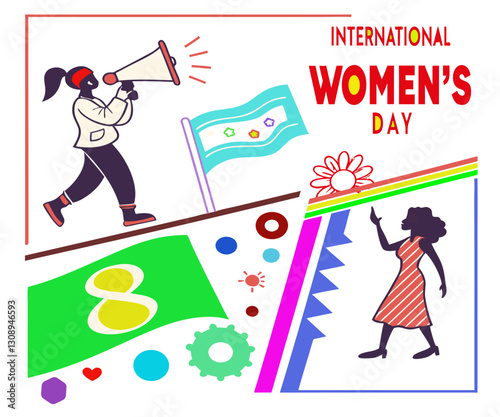 Modern halftone collage for international women's day. March 8 concept. Banner template for International women's day, feminism, protest, gender equality. Vector illustration