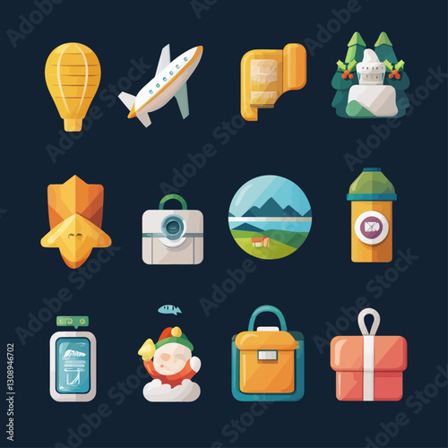 Travel Adventure Icons with Airplane, Balloon, Santa, Gift, and Landmarks