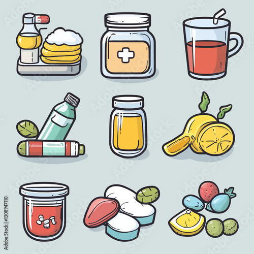 Vitamin and medicine themed illustration featuring different types of drugs