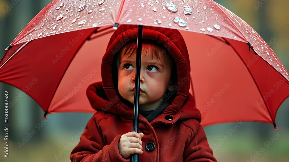 A young child is holding a red umbrella in the rain