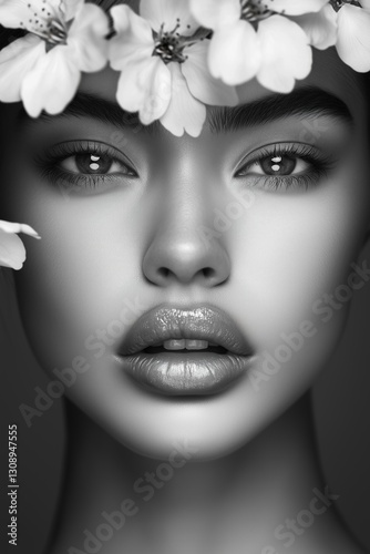 Portrait of a woman with delicate flowers framing her face in a soft monochrome aesthetic