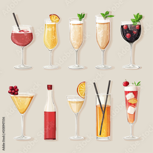 Illustrated Various Refreshing Cocktails with Fruit and Herbal Garnish