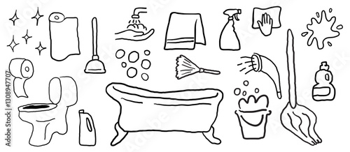 bath and toilet objects in hand drawn style in vector. Elements for design advertisement mail posts poster print packaging wrapping