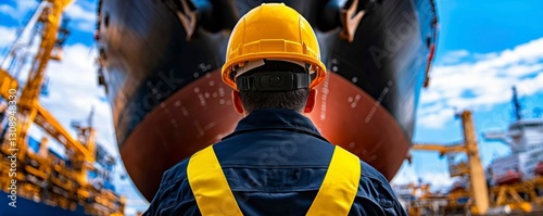 Maritime Industry Worker Overlooking Dockyard Ship for Inspection and Oversight Duty Job Role