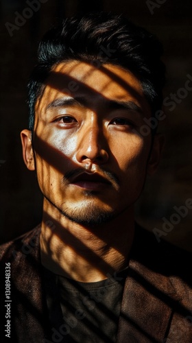 Young Man Portrait Sunlit Face Shadowed Lines