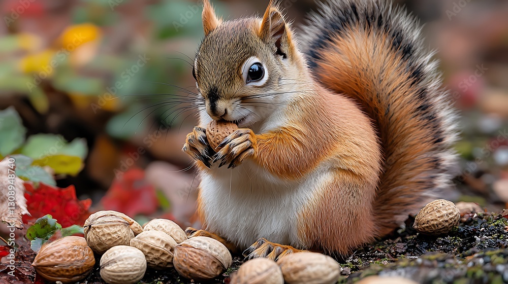 Autumn Squirrel Eating Nuts in Woods