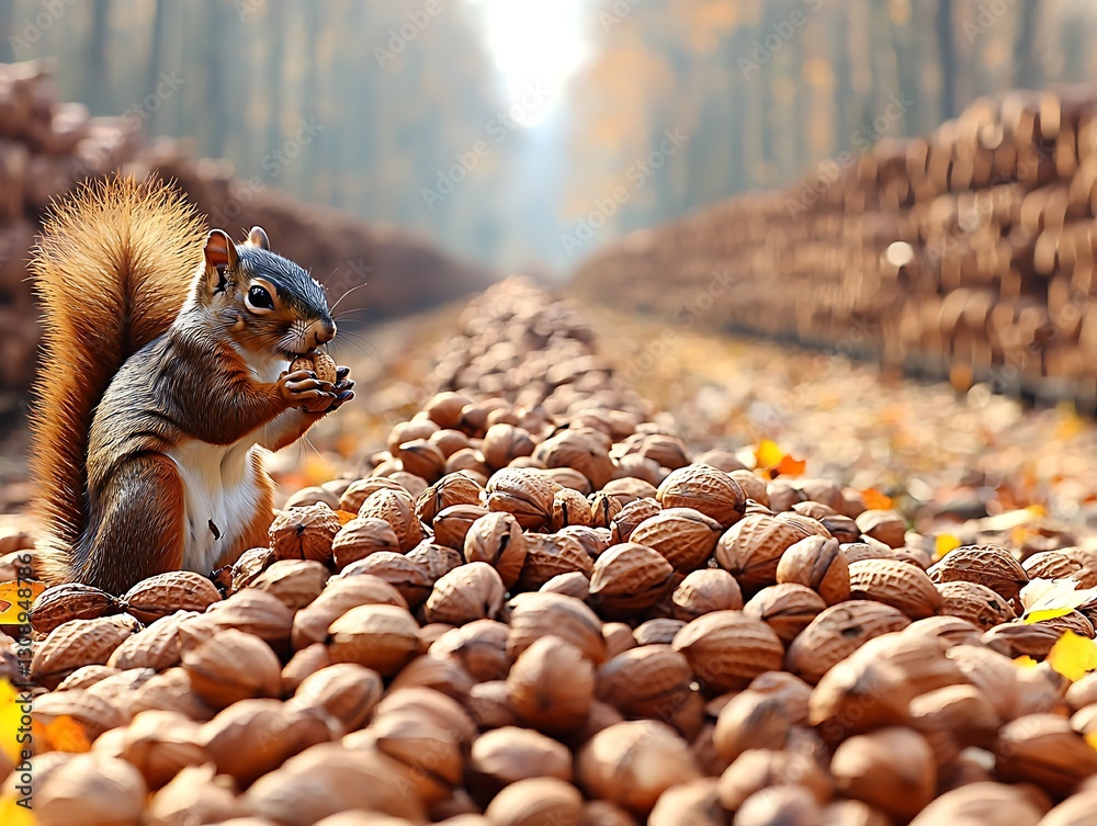 Obraz premium Autumn Squirrel Feasting on Walnuts