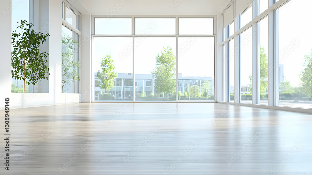 Fototapeta premium Bright Modern Interior With Large Windows And Wooden Floor Showcasing Natural Light