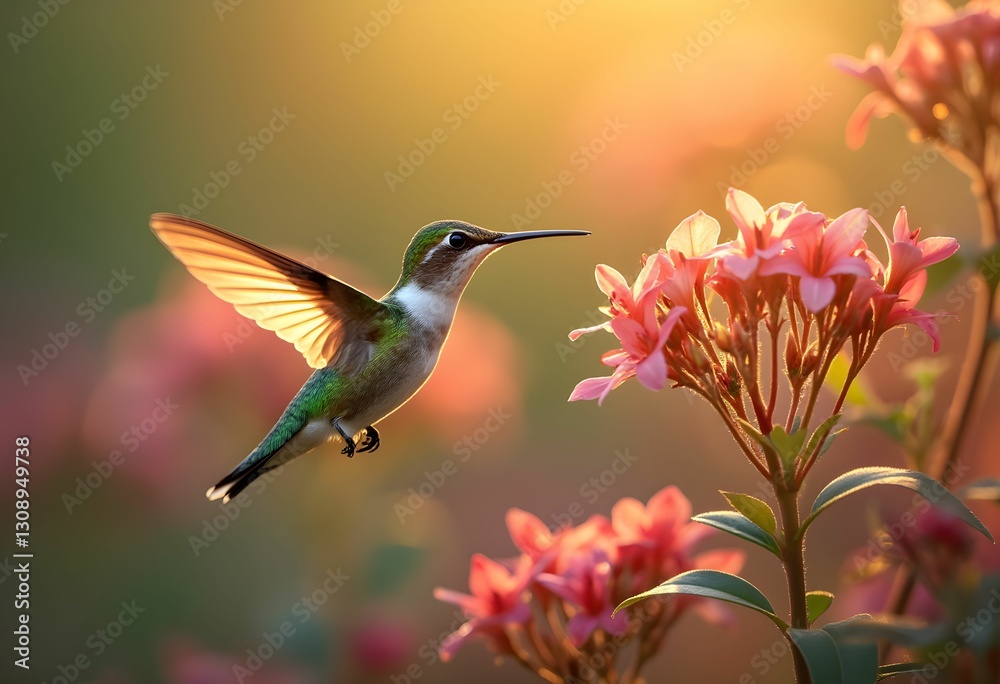 Fototapeta premium Hovering Sunbird Reflecting the Golden Sunset