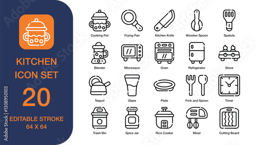 Kitchen Line Icon Set. Cooking Pot, Microwave, Rice Cooker. Pixel Perfect. Editable Stroke